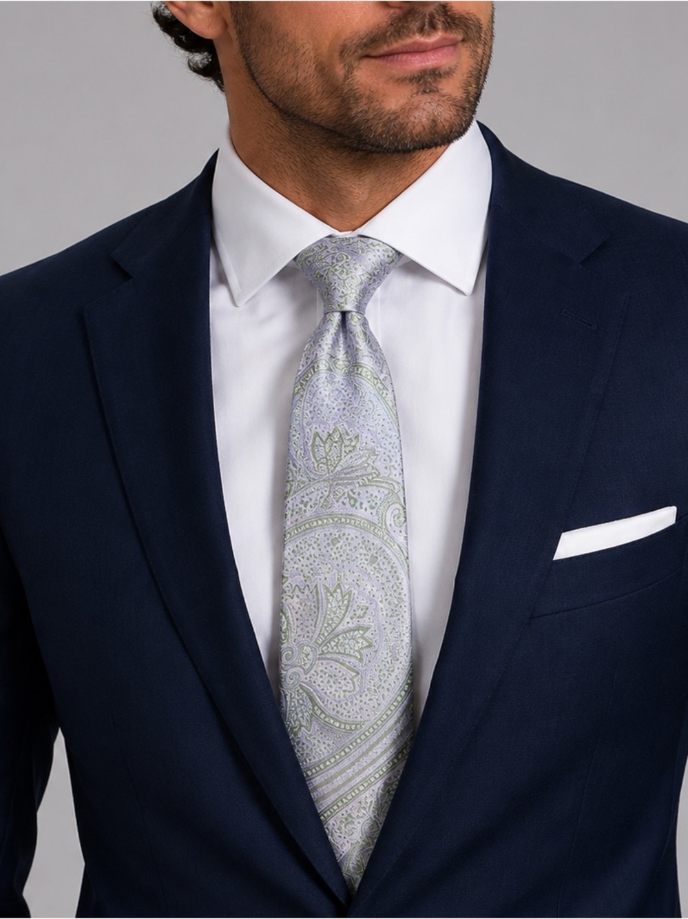 Oxxford Clothes Men’s Blue Green & Silver Paisley 100% Silk Handmade Neck Tie